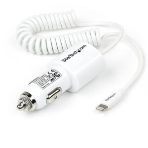 StarTech.com Caricabatteria da auto a doppia porta USB con cavo Lightning incorporato - Bianco immagine principale StarTech.com Caricabatteria da auto a doppia porta USB con cavo Lightning incorporato - Bianco