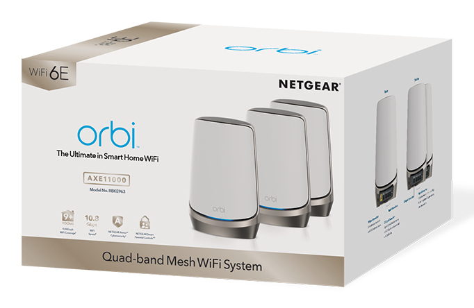 NETGEAR Orbi Quad-band RBKE963 AXE11000 WiFi 6E Mesh System Quad-band (2.4 GHz / 5 GHz-1 / 5 GHz-2 / 6 GHz) Wi-Fi 6 (802.11ax) Grigio, Bianco 16 Interno