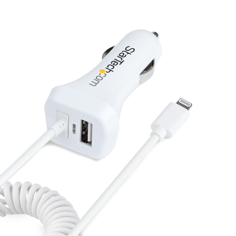 StarTech.com Caricatore da auto a due porte USB con cavo Lightning a spirale integrato da 1m; Adattatore accendisigari USB per Cellulari e Tablet; Carica Batterie per auto a 12W per iPhone/Tablet - Bianco immagine gallery 2 StarTech.com Caricatore da auto a due porte USB con cavo Lightning a spirale integrato da 1m; Adattatore accendisigari USB per Cellulari e Tablet; Carica Batterie per auto a 12W per iPhone/Tablet - Bianco