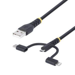 StarTech.com Cavo di Ricarica USB robusto da 1m, Da USB a Lightning/Micro-USB/Tipo-C, certificato Apple MFi, rivestimento in aramide, cavo universale di ricarica USB 3 in 1 per iPhone/iPad/Android immagine principale StarTech.com Cavo di Ricarica USB robusto da 1m, Da USB a Lightning/Micro-USB/Tipo-C, certificato Apple MFi, rivestimento in aramide, cavo universale di ricarica USB 3 in 1 per iPhone/iPad/Android