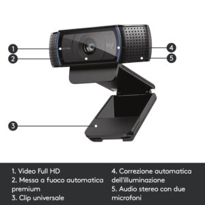 Logitech C920 HD Pro Webcam, Videochiamata Full HD 1080p/30fps, Audio Stereo ‎Chiaro, ‎Correzione Luce HD, Funziona con Skype, Zoom, FaceTime, Hangouts, ‎‎PC/Mac/Laptop/Tablet/Chromebook - Nero