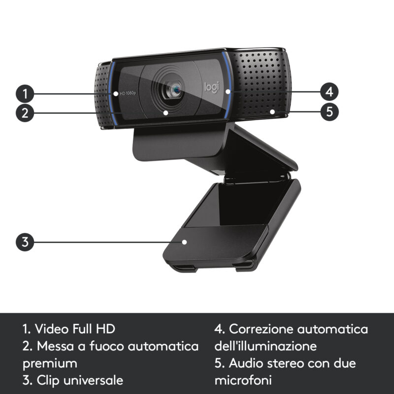 Logitech C920 HD Pro Webcam, Videochiamata Full HD 1080p/30fps, Audio Stereo ‎Chiaro, ‎Correzione Luce HD, Funziona con Skype, Zoom, FaceTime, Hangouts, ‎‎PC/Mac/Laptop/Tablet/Chromebook - Nero