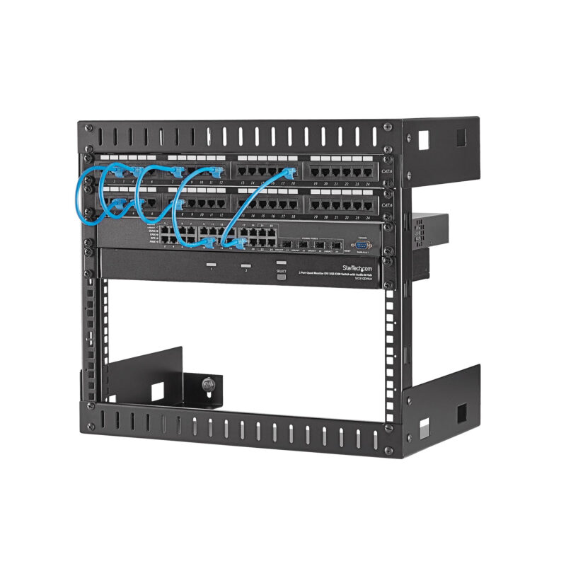 StarTech.com 8U 19" Rack di rete per montaggio a parete a 2 staffe - Rack open frame a muro profondo 30cm. Rack per dati/AV/IT/apparecchiature informatiche/patch panel con dadi e viti a gabbia, capacità 61 Kg