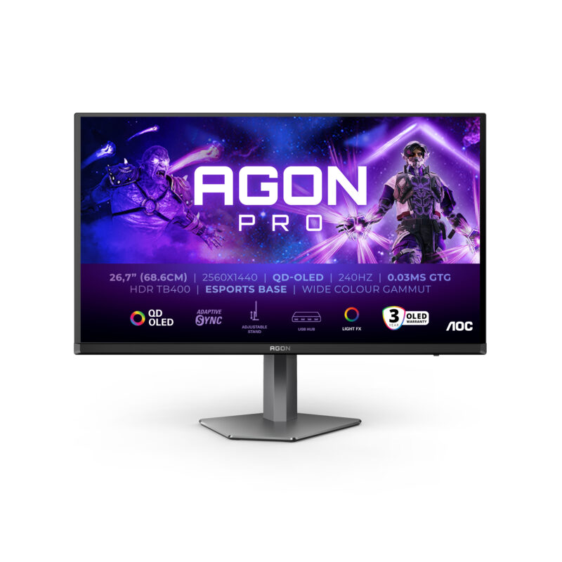AOC AGON PRO AG276QZD2 Monitor PC 67,8 cm (26.7") 2560 x 1440 Pixel Quad HD QD-OLED Grigio immagine gallery 2 AOC AGON PRO AG276QZD2 Monitor PC 67,8 cm (26.7") 2560 x 1440 Pixel Quad HD QD-OLED Grigio