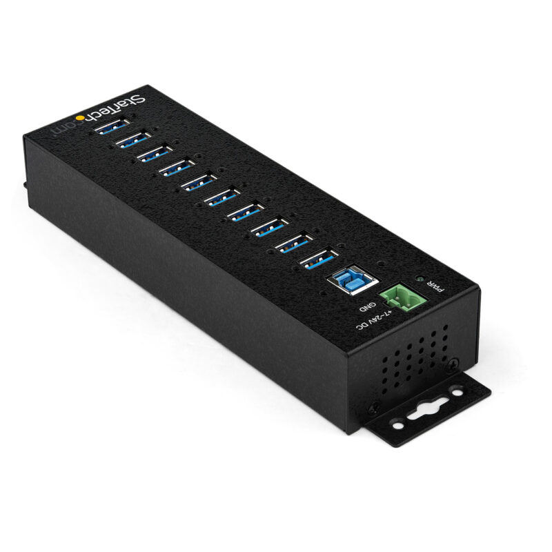StarTech.com Hub USB 3.0 industriale a 10 porte con adattatore di alimentazione - Protezione contro le sovratensioni - Hub di trasferimento dati USB 3.0 industriale in metallo - Montabile su guida DIN, a parete o su scrivania