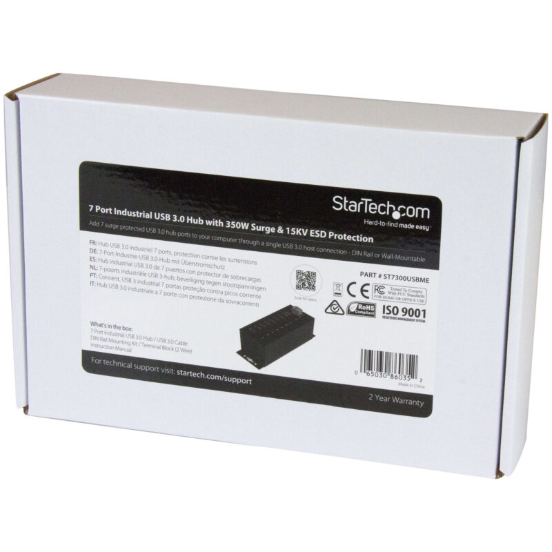 StarTech.com Hub USB a 7 porte con adattatore di alimentazione - Protezione contro le sovratensioni - Hub di trasferimento dati USB 3.0 industriale in metallo - Montaggio su guida DIN, a parete o su scrivania - Hub USB 3.1 Gen 1 ad alta velocità da 5 Gbps