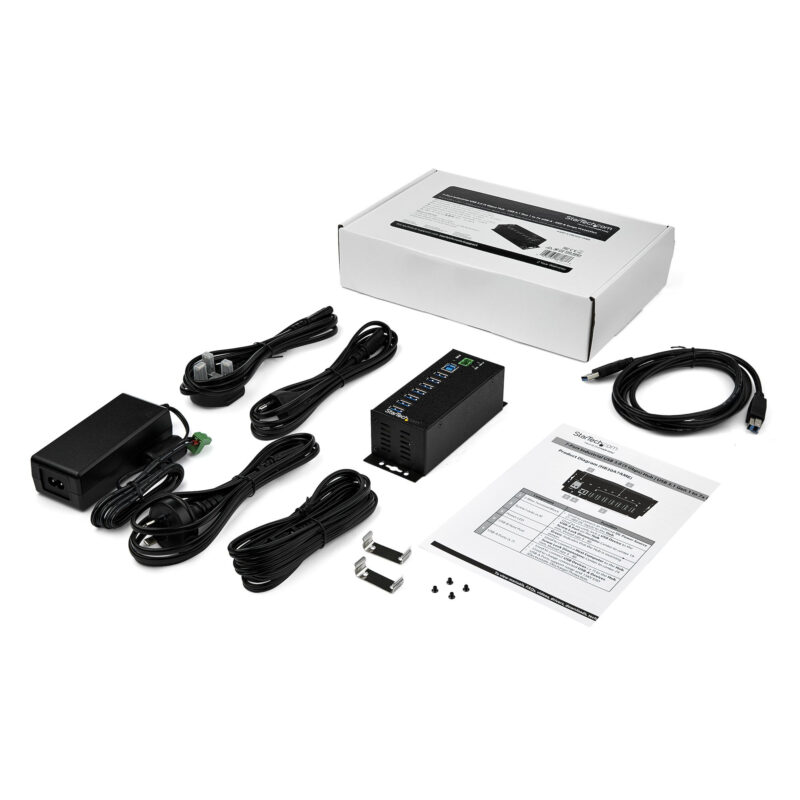 StarTech.com Hub USB a 7 porte con adattatore di alimentazione - Protezione contro le sovratensioni - Hub di trasferimento dati USB 3.0 industriale in metallo - Montaggio su guida DIN, a parete o su scrivania - Hub USB 3.1 Gen 1 ad alta velocità da 5 Gbps