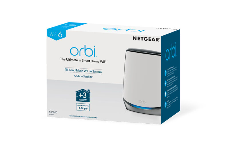 NETGEAR Orbi RBS850 AX6000 WiFi 6 Mesh Sattelite Banda tripla (2.4 GHz/5 GHz/5 GHz) Wi-Fi 6 (802.11ax) Grigio, Bianco 4 Interno