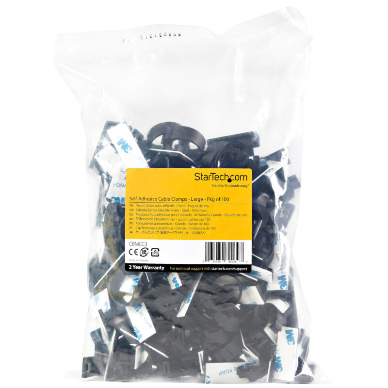 StarTech.com 100 Clip Fermacavi Autoadesivi Nero - Graffette Fermacavo Adesive da Scrivania per Cavi Elettrici/Rete - Supporto Fermacavi - Fermacavo in Plastica - Classe Antincendio UL/94V-2