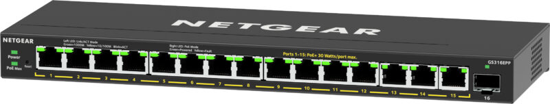 NETGEAR 16-Port High-Power PoE+ Gigabit Ethernet Plus Switch (231W) with 1 SFP port (GS316EPP) Gestito Gigabit Ethernet (10/100/1000) Supporto Power over Ethernet (PoE) Nero