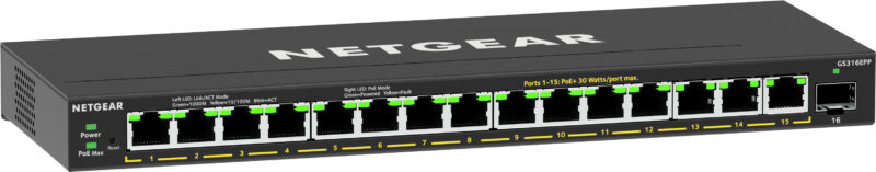 NETGEAR 16-Port High-Power PoE+ Gigabit Ethernet Plus Switch (231W) with 1 SFP port (GS316EPP) Gestito Gigabit Ethernet (10/100/1000) Supporto Power over Ethernet (PoE) Nero