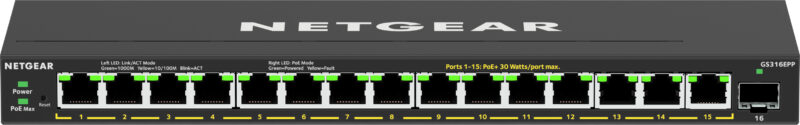 NETGEAR 16-Port High-Power PoE+ Gigabit Ethernet Plus Switch (231W) with 1 SFP port (GS316EPP) Gestito Gigabit Ethernet (10/100/1000) Supporto Power over Ethernet (PoE) Nero