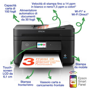 Epson WorkForce WF-2960DWF stampante multifunzione A4 getto d'inchiostro (stampa, scansione, copia), Display LCD 6.1 cm, ADF, WiFi Direct, AirPrint, 3 mesi di inchiostro incluso con ReadyPrint
