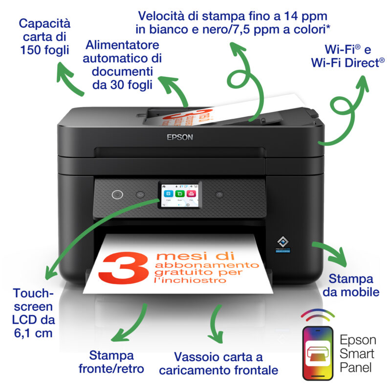 Epson WorkForce WF-2960DWF stampante multifunzione A4 getto d'inchiostro (stampa, scansione, copia), Display LCD 6.1 cm, ADF, WiFi Direct, AirPrint, 3 mesi di inchiostro incluso con ReadyPrint