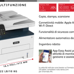 Xerox B225 A4 34 ppm Copia/Stampa/Scansione wireless con stampa fronte/retro PS3 PCL5e/6 ADF 2 vassoi Totale 251 fogli