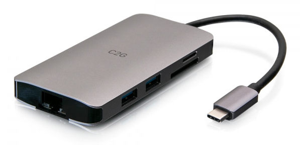 C2G Mini dock USB-C 8 in 1 con HDMI, 2 porte USB-A, Ethernet, lettore schede SD e tecnologia Power Delivery USB-C fino a 100 W - 4K 30 Hz