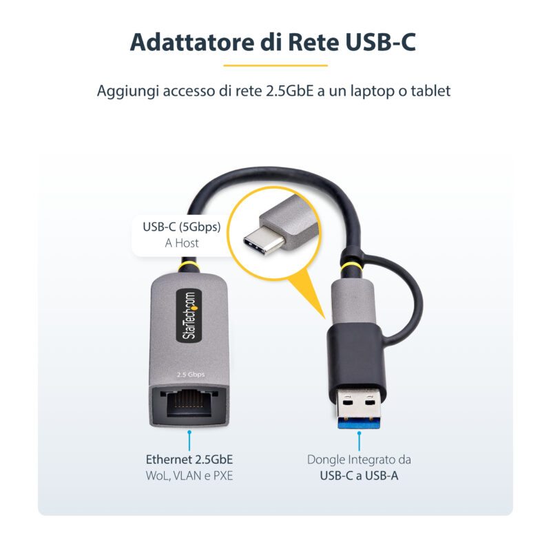 StarTech.com Adattatore Ethernet USB C, Convertitore di Rete/NIC NBASE-T 2.5/1GbE da USB Type-C 3.0 a RJ45 con Adattatore USB-A incluso; Compatibile TB, Win e Mac