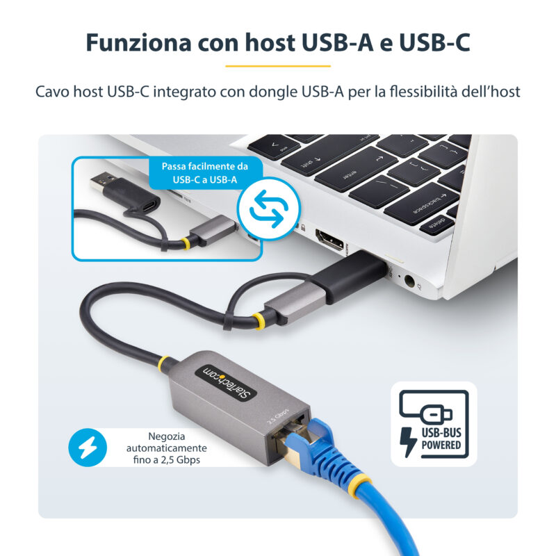 StarTech.com Adattatore Ethernet USB C, Convertitore di Rete/NIC NBASE-T 2.5/1GbE da USB Type-C 3.0 a RJ45 con Adattatore USB-A incluso; Compatibile TB, Win e Mac