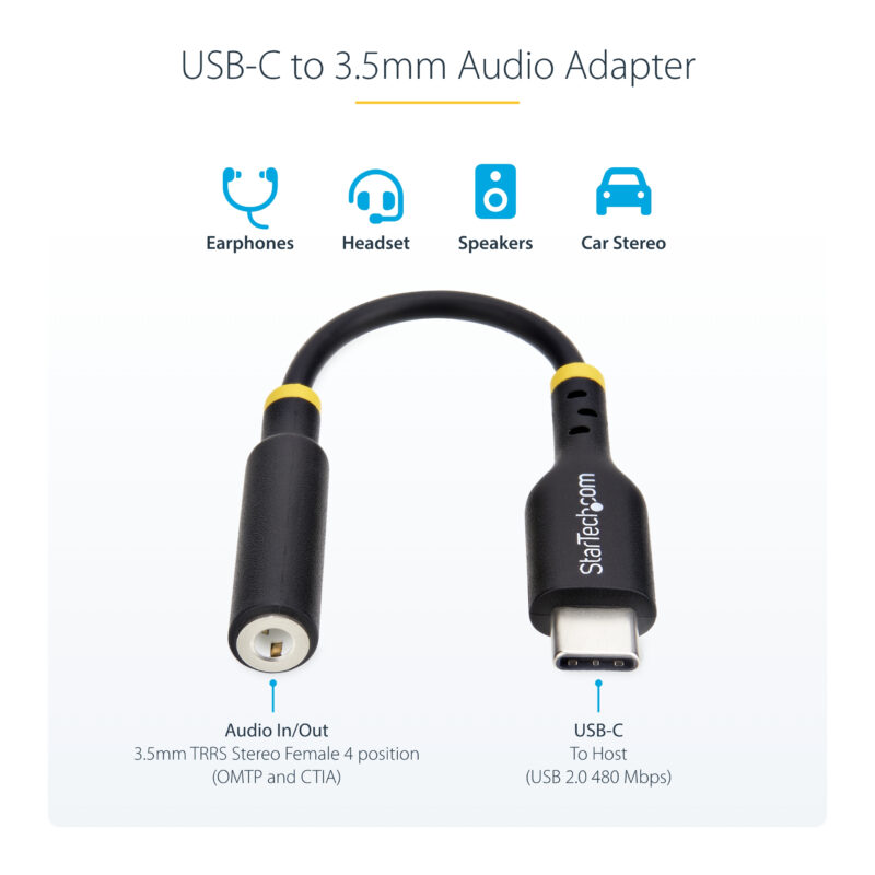 StarTech.com Adattatore Audio da USB-C a Jack 3,5 mm - Dongle USB Type-C a Jack TRRS per Cuffie e Auricolari, DAC Hi-Fi a 32 bit; Funziona con Telefoni e Tablet