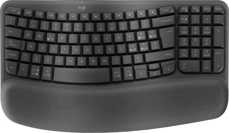 Logitech Wave Keys for Business, tastiera wireless ergonomica con supporto per i polsi imbottito, tecnologia Secure Logi Bolt, Bluetooth, compatibile con Windows/Mac/Chrome/Linux - Grafite
