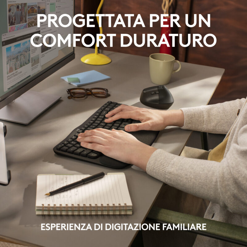 Logitech Wave Keys for Business, tastiera wireless ergonomica con supporto per i polsi imbottito, tecnologia Secure Logi Bolt, Bluetooth, compatibile con Windows/Mac/Chrome/Linux - Grafite