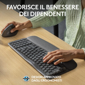 Logitech Wave Keys for Business, tastiera wireless ergonomica con supporto per i polsi imbottito, tecnologia Secure Logi Bolt, Bluetooth, compatibile con Windows/Mac/Chrome/Linux - Grafite