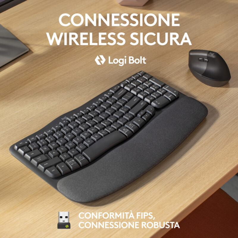 Logitech Wave Keys for Business, tastiera wireless ergonomica con supporto per i polsi imbottito, tecnologia Secure Logi Bolt, Bluetooth, compatibile con Windows/Mac/Chrome/Linux - Grafite