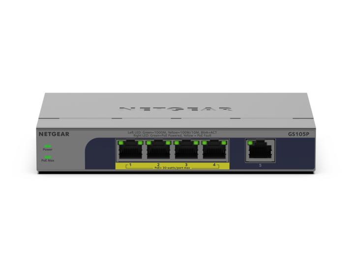 NETGEAR GS105P Non gestito Gigabit Ethernet (10/100/1000) Supporto Power over Ethernet (PoE) Montaggio da desktop/parete Grigio