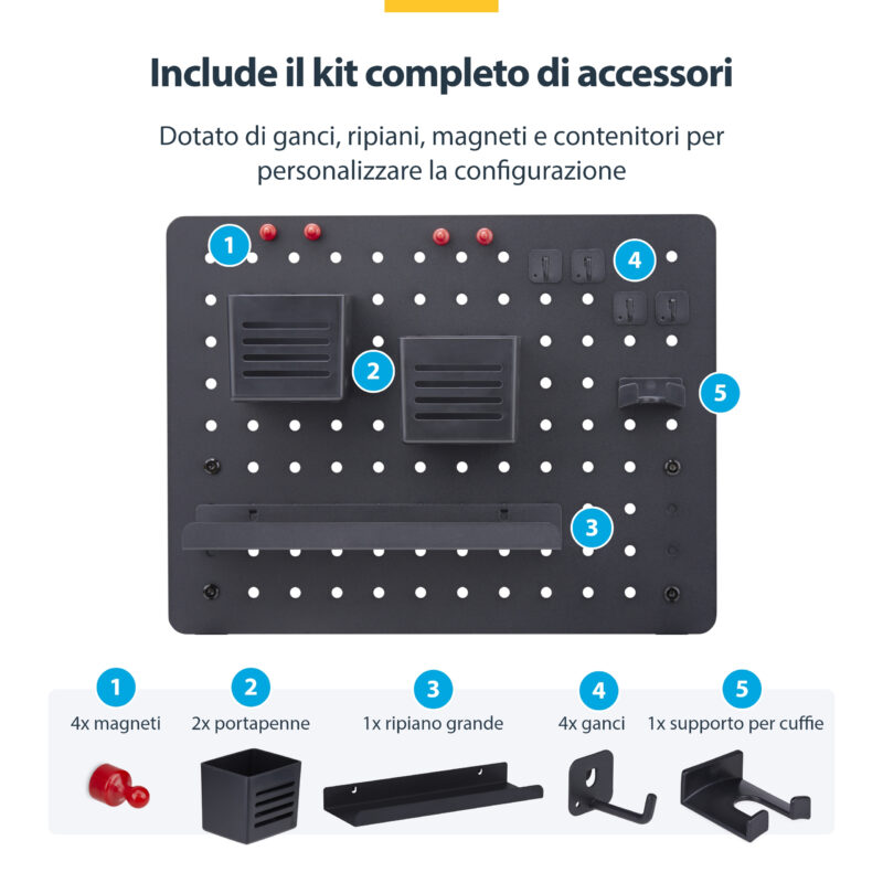 StarTech.com Pannello forato portautensili in acciaio con accessori, 42x32 cm, portaoggetti da scrivania, pannello forato da tavolo con morsetto, nero