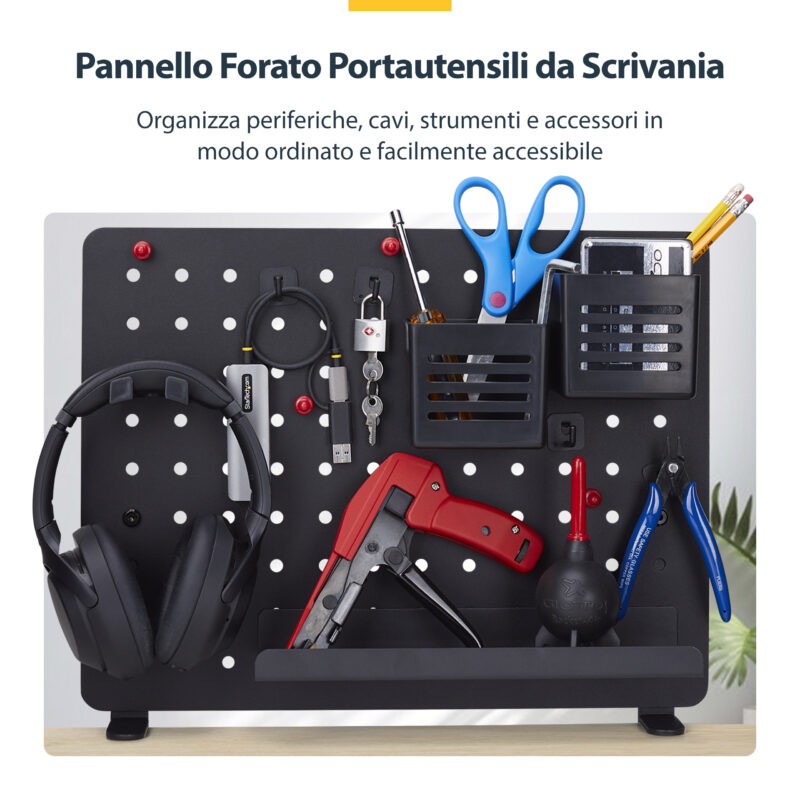 StarTech.com Pannello forato portautensili in acciaio con accessori, 42x32 cm, portaoggetti da scrivania, pannello forato da tavolo con morsetto, nero